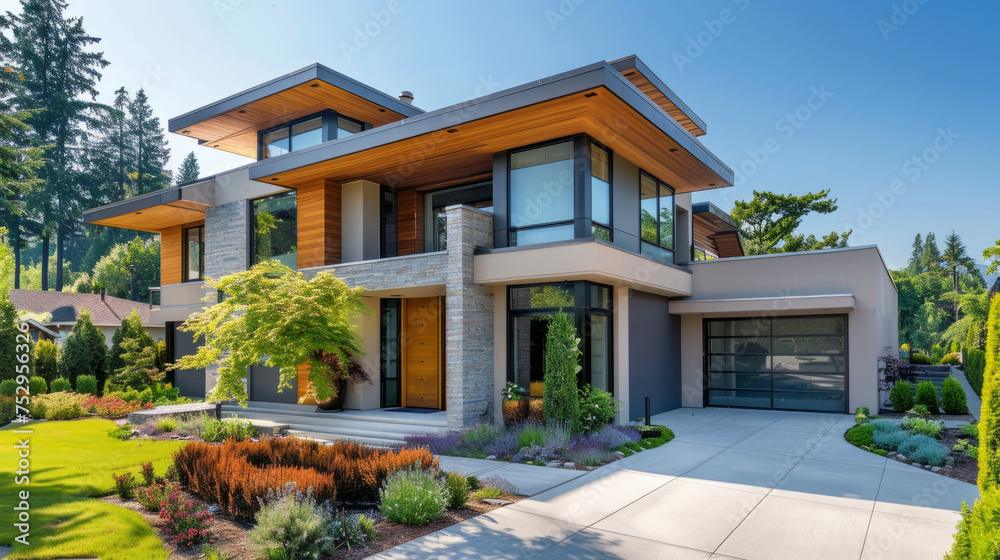 Modern luxury house with lush landscaping on a bright sunny day. The stylish exterior showcases a combination of wood, stone, and glass, complemented by a well-maintained lawn and garden.