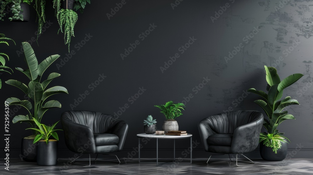 A 3D rendered illustration mock-up featuring a black-themed interior adorned with armchairs, plants, and a coffee table