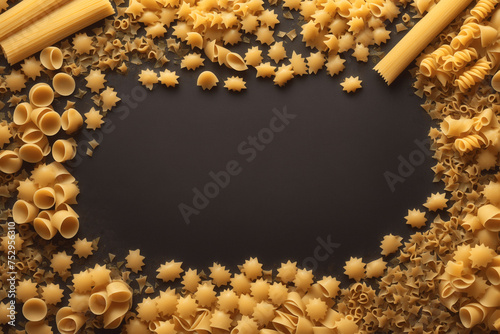 Background of different varieties of pasta with space for text on black background. Spilled pasta, carbohydrate concept