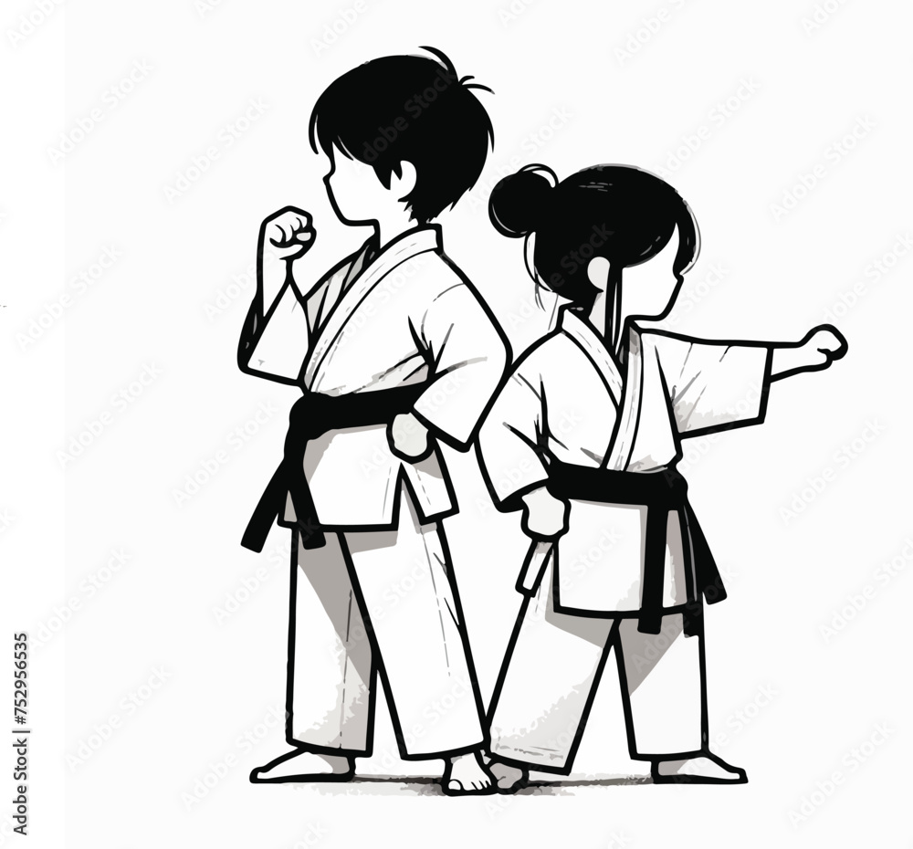 two children in kimono with belt training karate and taekwondo