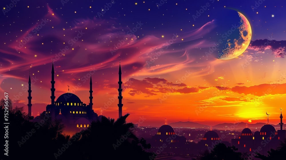 Silhouette of a mosque against a sunset sky with a crescent moon, depicting a holy Islamic night scene, suitable for use as an Islamic wallpaper