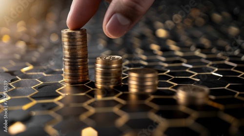 A human hand stacking coins against a black background adorned with hexagonal golden shapes, symbolizing investment management and portfolio diversification. This image combines a photograph of a hand photo