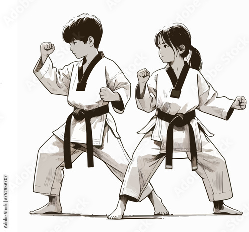 two children in kimono with belt training karate and taekwondo