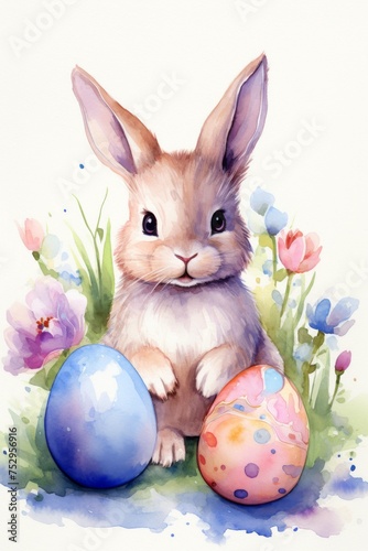 Watercolor illustration of a brown rabbit with long ears surrounded by colorful Easter eggs with a splash of colors in the background. Ideal for Easter greeting cards. © mashimara