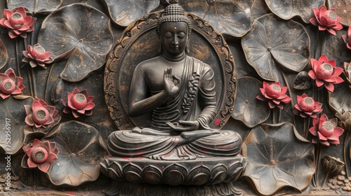 A detailed relief of Buddha with lotus flowers, combining spirituality with traditional artistry. Ideal for religious and cultural representation.