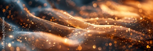 Abstract glittering waves with bokeh lights. This detailed image captures the essence of abstract waves with a shimmering bokeh effect, resembling golden silk cloth.  photo