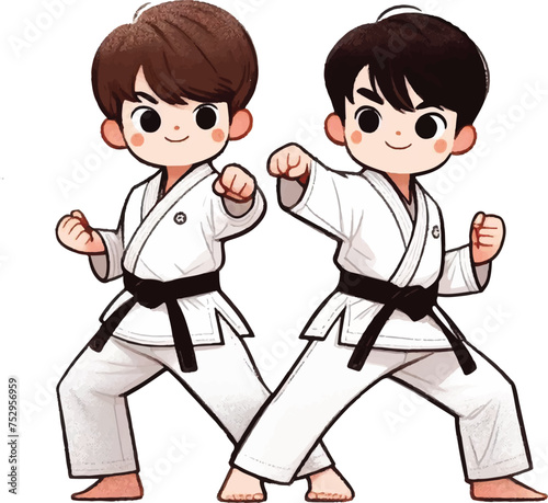 two children in kimono with belt training karate and taekwondo