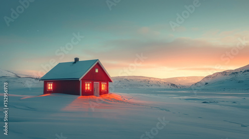 Isolated red cabin under a serene sunset amidst snowy mountains and a vast winter landscape, reflecting an idyllic remote retreat. © ChubbyCat