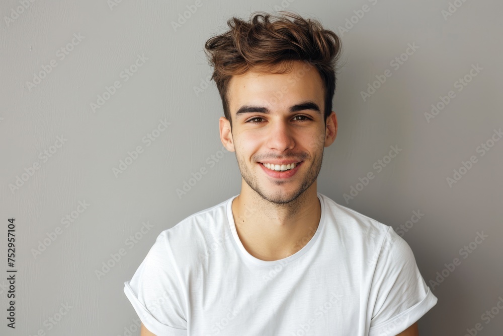 Joyful young man smiling widely in a white t-shirt, on a gray background. Suitable for fashion and positive emotion themes. Joyful young man smiling widely in a white t-shirt, on a gray background. Suitable for fashion and positive emotion themes.