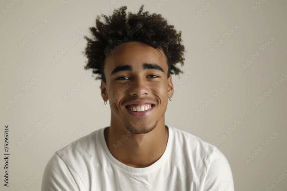 Portrait of a cheerful young man with curly hair, wearing a white t-shirt, against a neutral background. Ideal for lifestyle and diversity themes. Portrait of a cheerful young man with curly hair, wearing a white t-shirt, against a neutral background. Ideal for lifestyle and diversity themes.