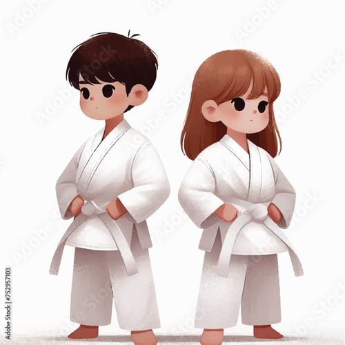 two children in kimono with belt training karate and taekwondo