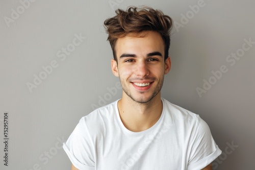 Joyful young man smiling widely in a white t-shirt, on a gray background. Suitable for fashion and positive emotion themes.