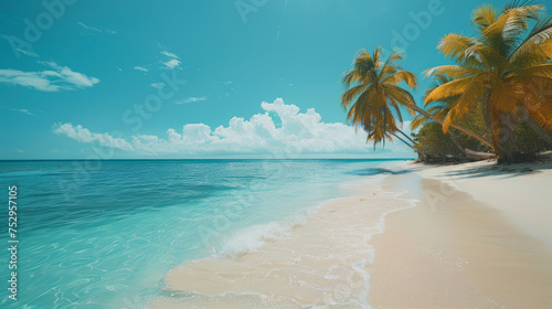 Idyllic tropical beach with lush palm trees  white sand  and clear blue water under a sunny sky with fluffy clouds.