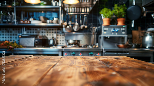 machine in the cafe, Empty wooden table inside, Illustration of professional restaurant or hotel kitchen interior with different utensils and furniture, luxury restaurant, Ai generated