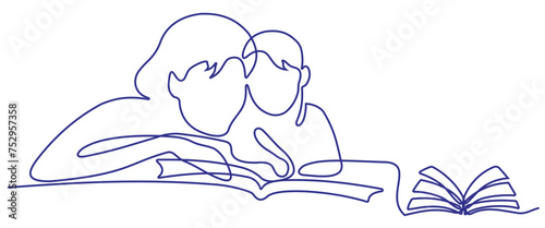 One single line drawing of young happy mother accompany her kid studying and reading a book
