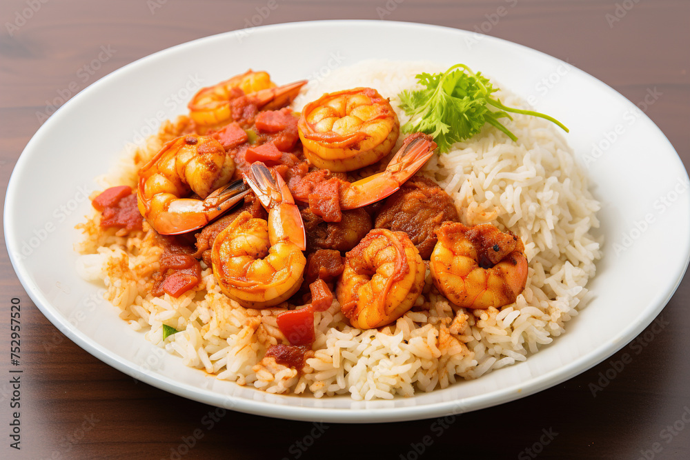 Seafood Tom Yum Fried Rice,Stir fried rice with shrimp and squid with chilli sauce on white plate. Image for cafe menu, Banner