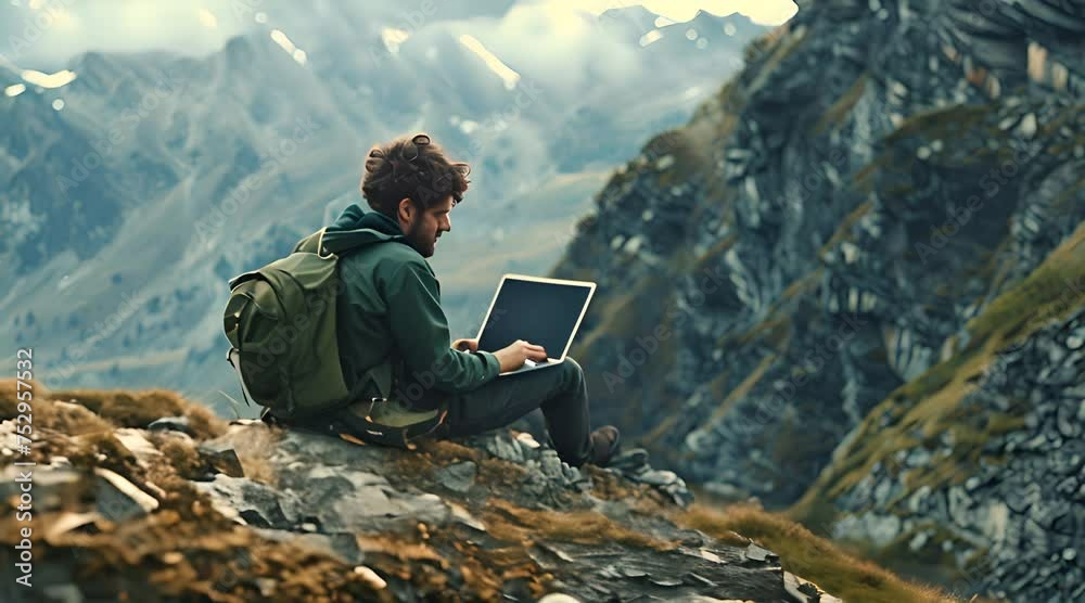 Remote Work Concept: Man with Laptop in Mountains with AI generated.

