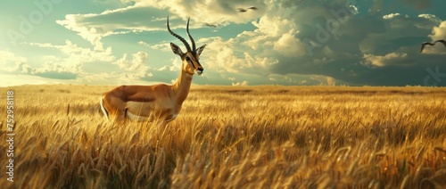 A deer stands alert in a natural park, surrounded by grass, showcasing its majestic antlers amidst the wild photo