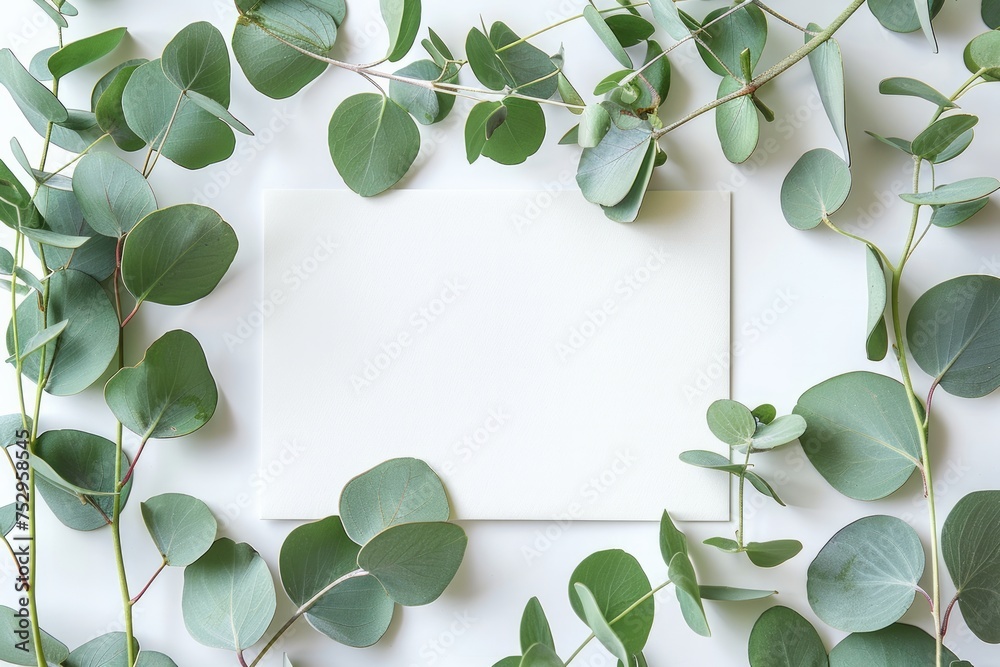Blank card with eucalyptus leaves on white background
