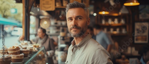 Adult man owner standing in coffee shop.