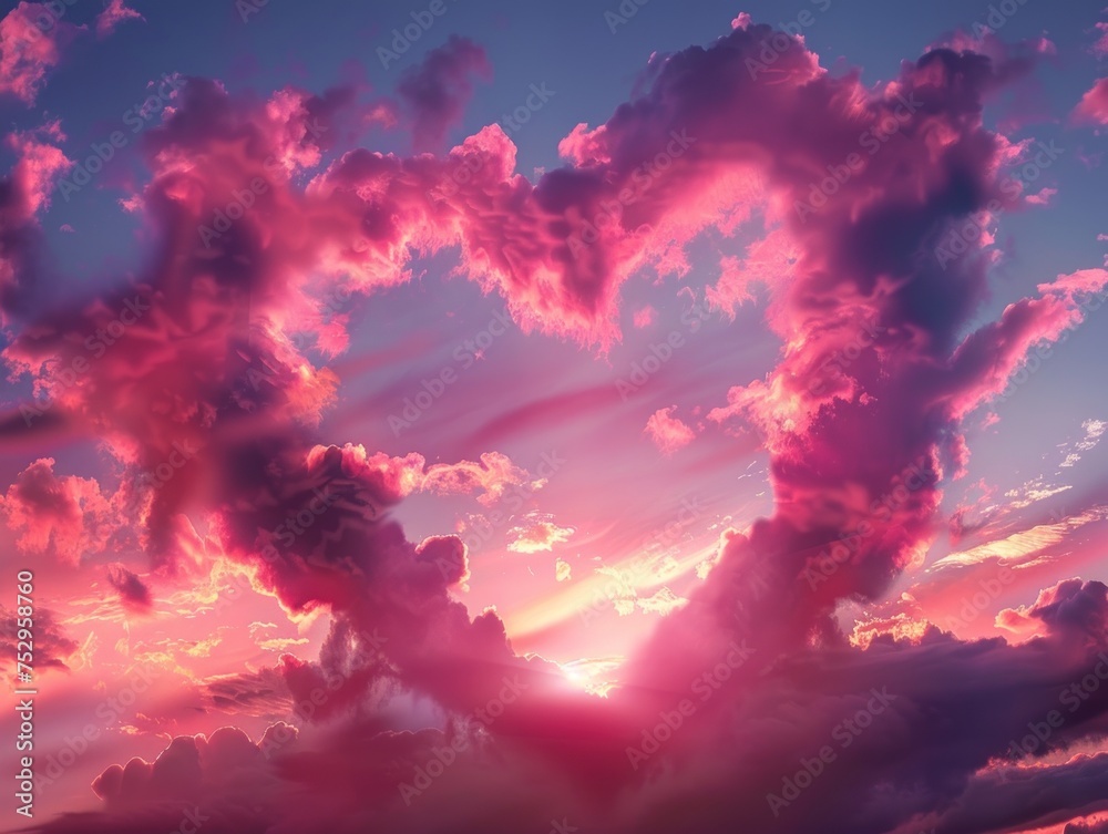 Heart-shaped clouds at sunset, painting the sky with vibrant colors and dramatic light