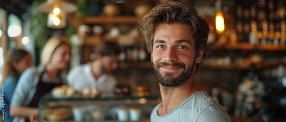 Proud coffee shop owner standing in his cozy cafe, confident entrepreneur, small business owner. Proud coffee shop owner standing in his cozy cafe, confident entrepreneur, small business owner.