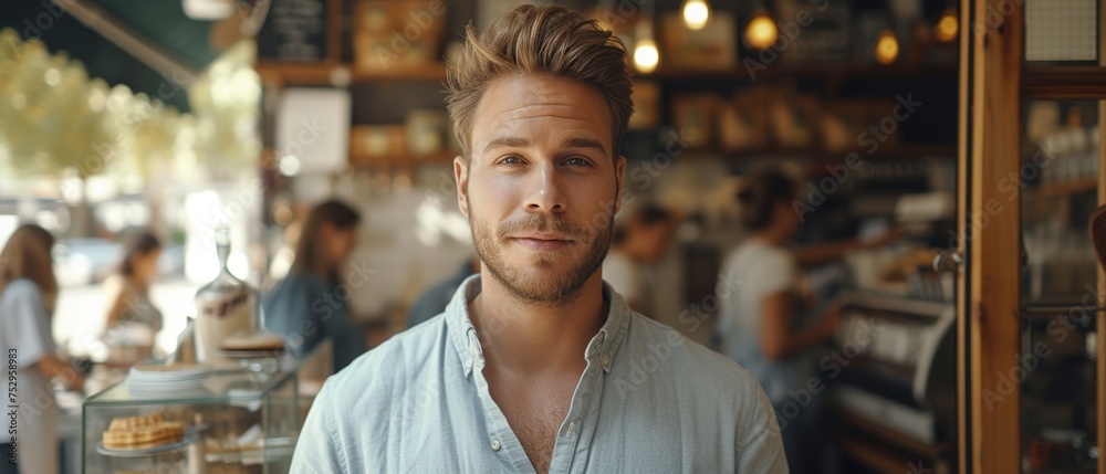 Fototapeta premium Proud coffee shop owner standing in his cozy cafe, confident entrepreneur, small business owner.