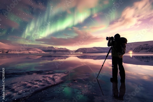 Photographer capturing the sunset from a mountain peak with a camera on a tripod, silhouetted against the colorful sky
