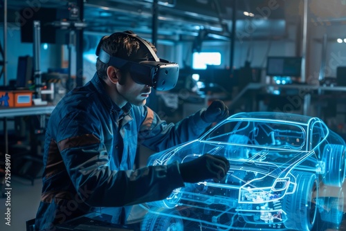 Engineer using virtual reality to interact with car design