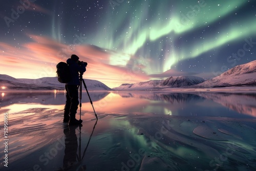 Photographer capturing sunset with camera on tripod, silhouetted against the sky in the mountains