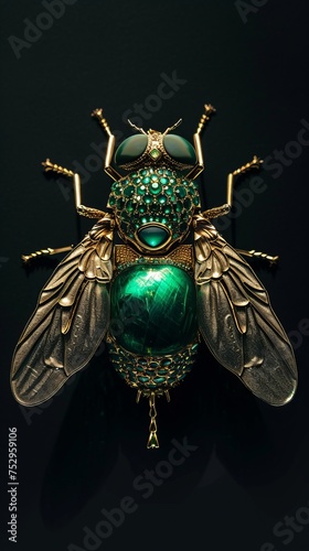 Green fly insect made out of emerald and gold, black background photo