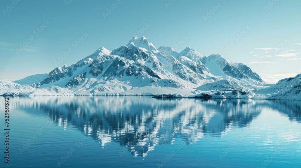 Winter lake nestled in snowy mountains with reflections under a blue sky
