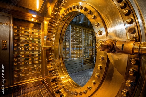 Open gold vault door revealing safe deposit boxes photo