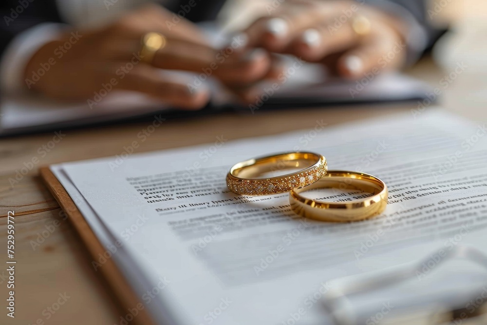 A pair of intricately designed golden wedding rings on a legal marriage contract A pair of intricately designed golden wedding rings on a legal marriage contract