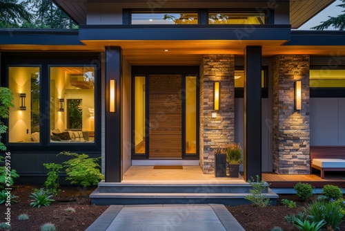 Front porch of a modern house with decorative lighting