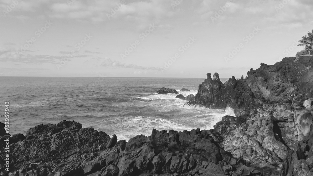 black and white photo of the sea coast - obrazy, fototapety, plakaty 