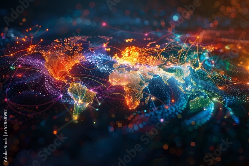 The interconnectedness of the world through the internet, with colorful lines and dots. © jakapong
