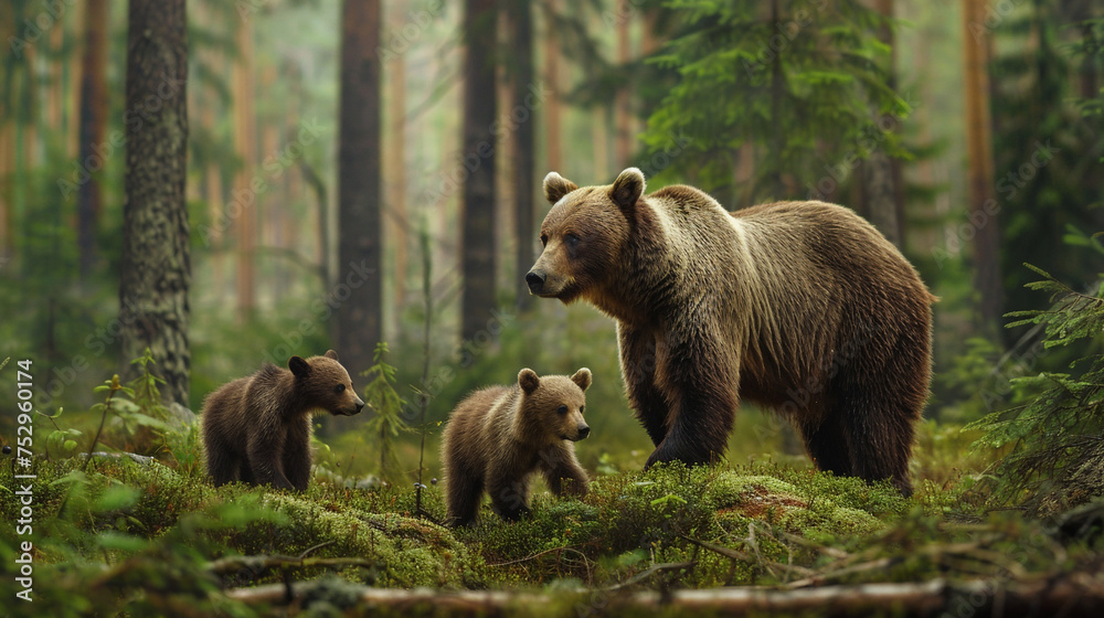 Obraz premium A mother bear and her cubs exploring a mossy glade in a dense coniferous forest, the air filled with the scent of pine.