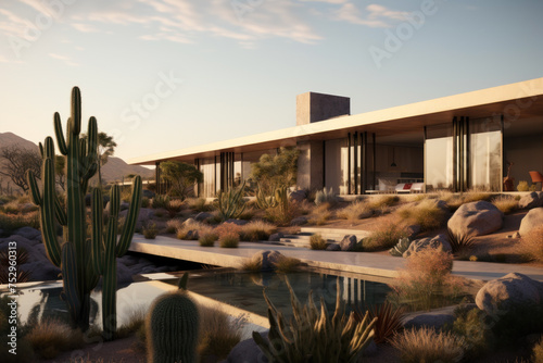 The concept of a modern high-tech mansion in the desert surrounded by cacti.