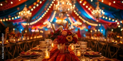 Celebration with vibrant circus theme setting perfect for festive events. Concept Circus Theme, Event Decoration, Festive Celebration, Vibrant Atmosphere, Fun and Entertaining photo