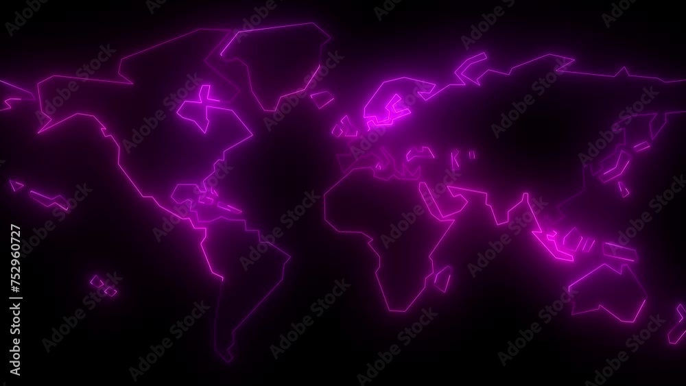 Neon glowing pink world map icon animation in black background Neon glowing pink world map icon animation in black background