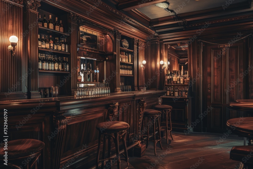 Classic bar interior with dark wood and ambient lighting Classic bar interior with dark wood and ambient lighting