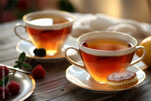 Two cups of warm tea with fresh berries, evoking a cozy and inviting atmosphere.
