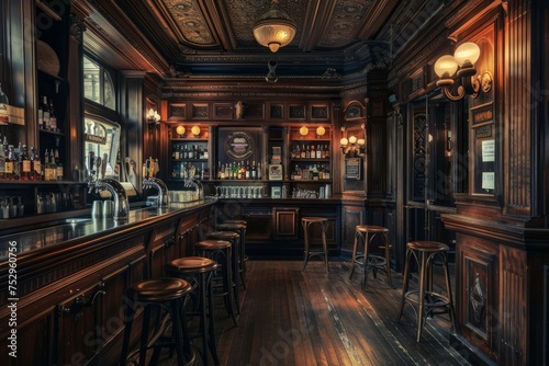 Classic bar interior with dark wood and ambient lighting © ParinApril