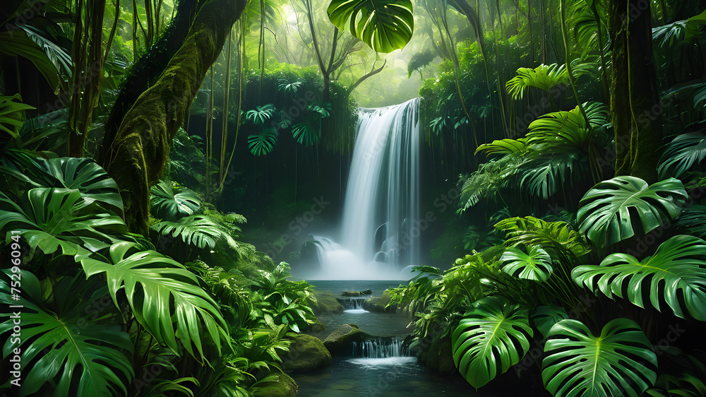 Nature's Tropical Cascade: A lush jungle waterfall surrounded by vibrant foliage and towering trees, under the bright sun of a summer day Nature's Tropical Cascade: A lush jungle waterfall surrounded by vibrant foliage and towering trees, under the bright sun of a summer day
