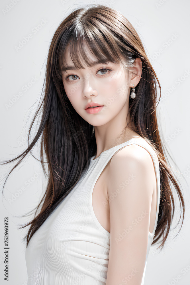 Gorgeous Young Female Model - Fashion or Cosmetics Model - Beauty with Perfect Fine Features - Beautiful Smooth Hair - White Dress Gorgeous Young Female Model - Fashion or Cosmetics Model - Beauty with Perfect Fine Features - Beautiful Smooth Hair - White Dress