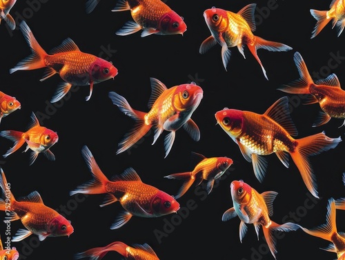 A group of orange and white goldfish swimming together in clear aquarium water, showcasing their vibrant colors and elegant fins