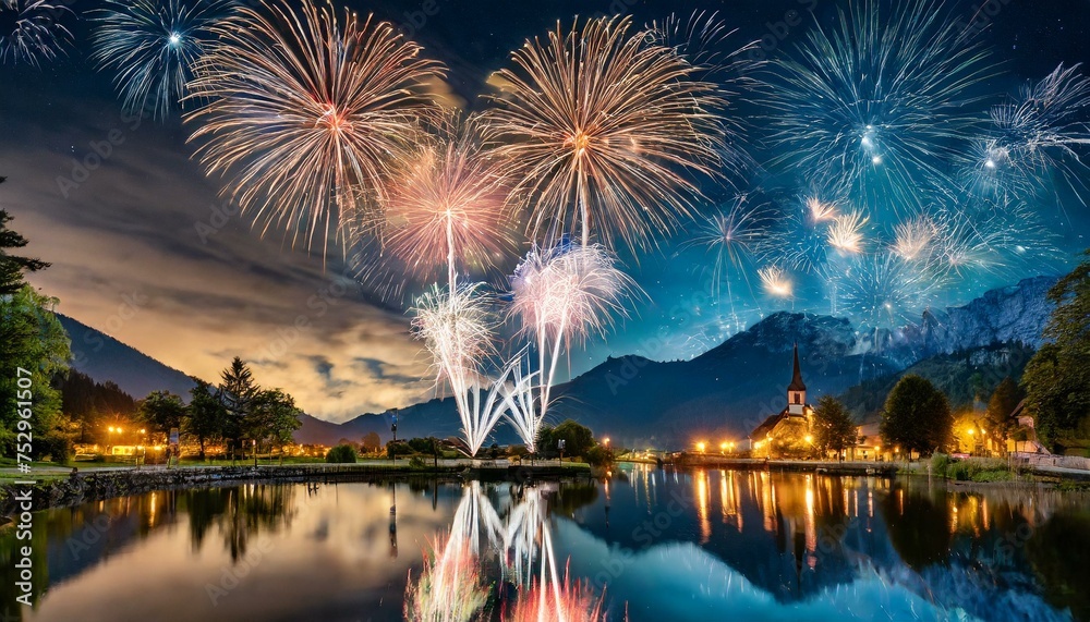 Fototapeta premium Heavenly Illumination: Heart-Shaped Fireworks Reflecting Over a Lake at Night