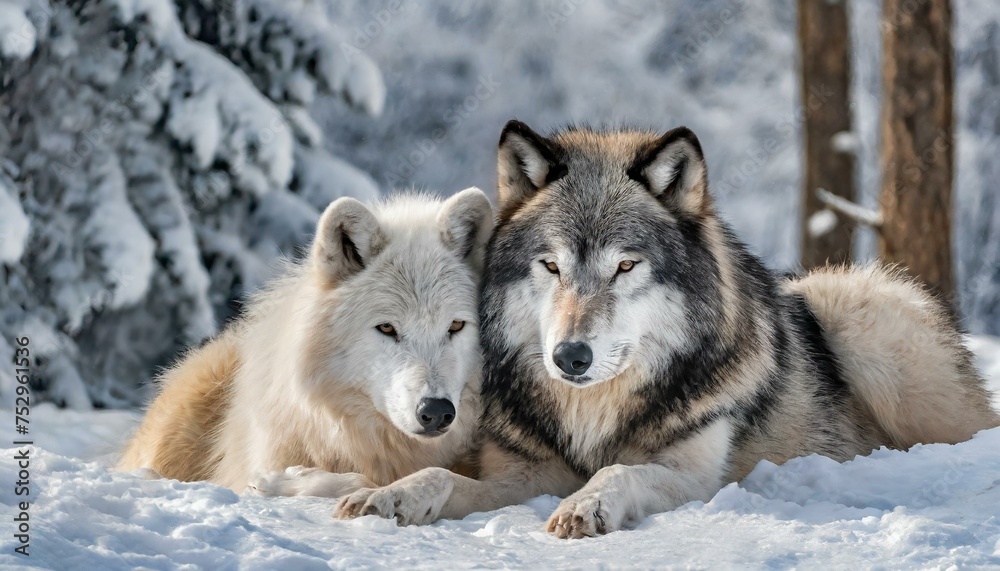Harmony in Contrast: Black and White Wolves Embracing in Snowy Serenity