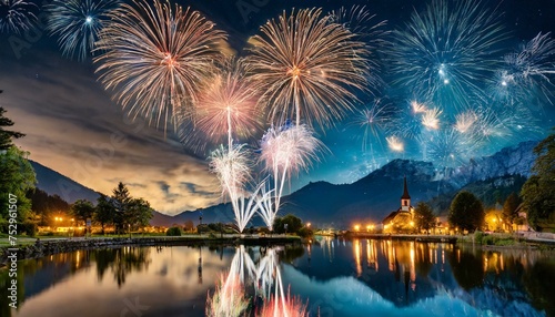 Heavenly Illumination: Heart-Shaped Fireworks Reflecting Over a Lake at Night"